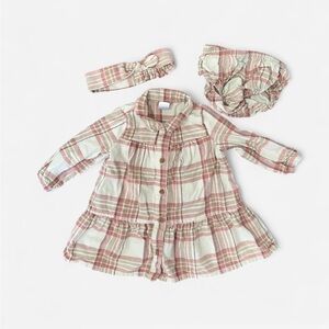 Carter's Cream and Pink Plaid Button-Front Dress with Headband & Bloomers